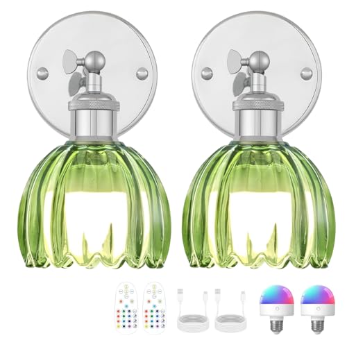 Image of Vintage Battery Operated Wall Sconce, Green Tulip Glass Lampshade Wireless Rechargeable Battery Powered LED Wall Light with Remote Dimmable for Bedside Bedroom Living Room, Silver, Set of 2