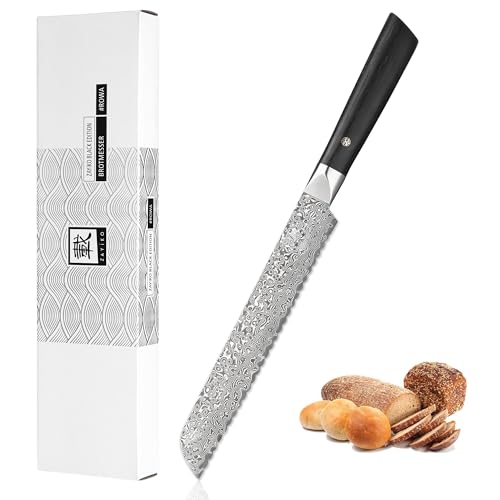 zayiko Black Edition Damast Brotmesser I 20 cm Wellenschliff-Klinge aus 67 Lagen Damaststahl I Ergonomischer Pakkaholzgriff I Profi Küchenmesser für Brot, Krusten & Backwaren I In edler Geschenkbox