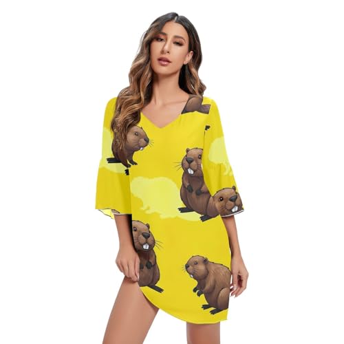 Robe d'été imprimé castors col en V fluide et respirante pour fête
