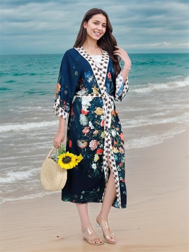 Beach Kimono Cover Up, Long Floral Print Swimsuit Coverup, Boho Summer Beachwear3