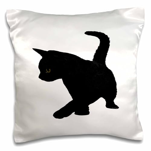 3dRose 16x16 inch Pillow Case - Cute Baby Black Cat Silhouette Tail Held High Vector Cut Out Vector Art - Cat Silhouette