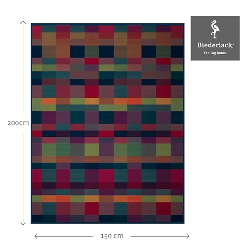 biederlack® flauschig-weiche Kuscheldecke aus Baumwollmischgewebe I Made in Germany I nachhaltig produziert I Bunte Wohndecke „Color Squares Blue“ in grün-blau I Öko-Tex I Sofa-Decke 150x200cm