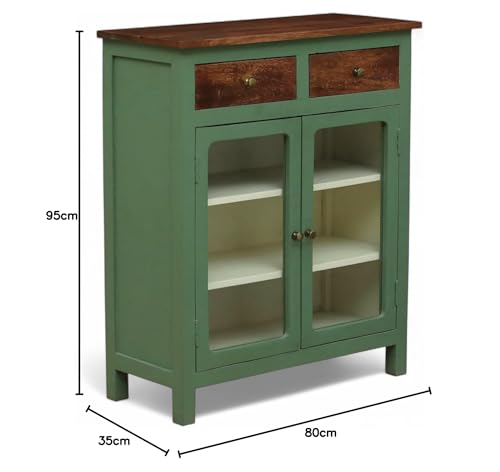 Image of Solid Wood Madrid 2 Drawers Crockery Unit | Sideboard Cabinet | Glass Door Cabinet | Finish - Premium Olive Green & Off White