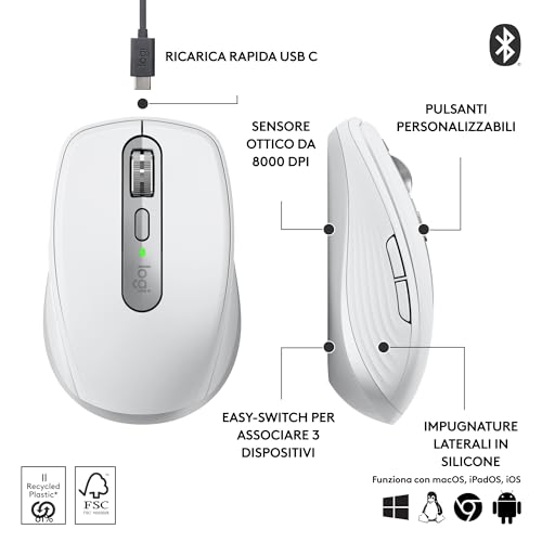 MX Anywhere 3S, Mouse Wireless Compatto, Scorrimento Veloce, Tracciamento 8K DPI, Clic Silenzioso, Pulsanti Programmabili, USB C, Bluetooth, PC Windows, Linux, Chrome, Mac - Pale Grey - Mouse gaming - Immagine 6