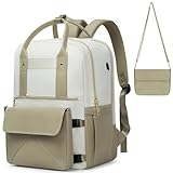 Rinlist Mochila feminina, mochila de viagem para laptop de 15,6 polegadas com porta USB, Cáqui - branco, 11.8 inches x 6.3 inches x 15.7 inches