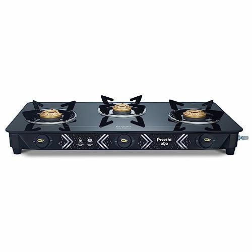 Preethi Alya Glass Top 3 Burner Gas Stove, Manual Ignition, Black with Bati Stand