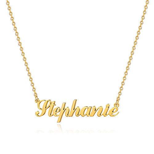 M MOOHAM Stainless Steel Stephanie Name Necklace - 18K Gold Filled Custom Name Necklace Personalized Name Necklaces for Women Girls Kids, Monogram Plate Name Necklace Name Jewelry