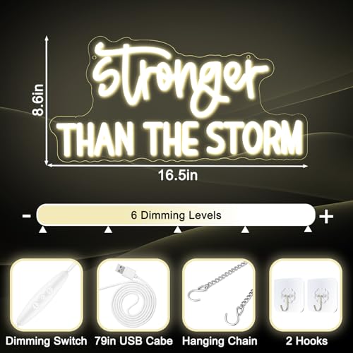 Image of Stronger Than the Storm Neon Sign Dimmable Neon Signs for Wall Decor Inspirational LED Signs Warm White USB Light Up Sign for Bedroom Living Room Home Decoration