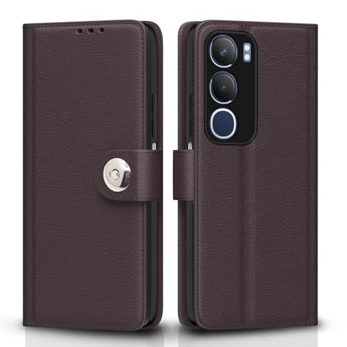 Image of Pikkme Flip Cover Leather Finish | Inside TPU with Card Pockets | Wallet Stand and Shock Proof | Complete Protection Button Flip Case for Vivo Y19s(Coffee)