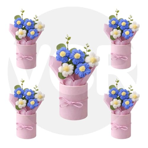 Image of VCR Handmade Blue Crochet Bouquet- Pack of 5 - Hand Woven Knitted Artificial Hand Knitted Bouquet Flower for Office Desk, Table, Car, Bedroom, Wedding & Special Occasions