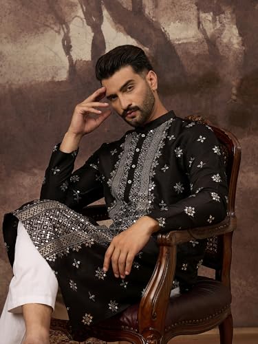 Image of Men's Solid Calf Length Silk Blend Embroidered Kurtas | Men | Kurtas for Mens | Straight Fit Kurta for Men's