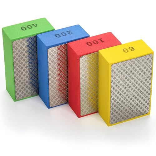 Diamond Polishing Pads 4 Pcs Diamond Sanding Pads Hand Tool for Tile Porcelain Polishing Concrete Stone Granite Marble Porcelain Tile Ceramic Stone Glass Includes Sanding Block 60# 100# 200# 400#