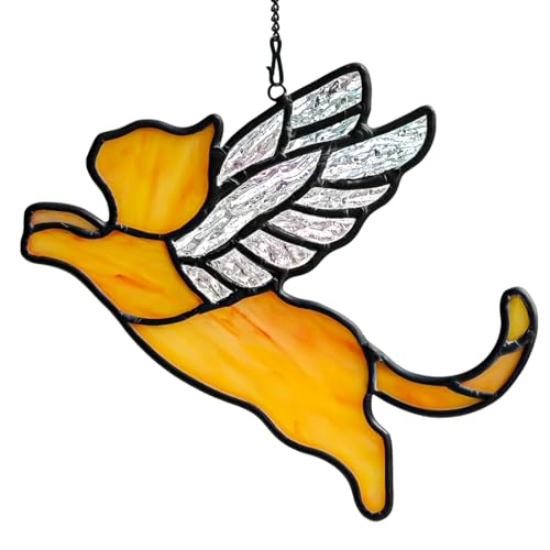 BOXCASA Angel Cat Memorial Gifts Stained Glass Window Hanging,Orange Cat Themed Gifts for Women,Pet Loss Memorial Gift,Stained Glass Suncatcher for Window