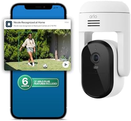 Arlo Essential Pan Tilt Security Camera 2K + 6 Months of Secure Plus Plan – Wired Plug-in Power Outdoor Camera, Person Recognition, Package Detection, Animated Preview, Auto Motion Tracking, 1 Cam