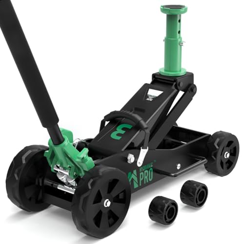 3 Ton Aluminum Off-Road Jack with 2 Replaceable Large Wheels Set Locking Extension Saddle for High & Low Profile Vehicles Dual Pump Quick Lift Car Jack for Off-Road Trucks Sedans SUVs UTVs