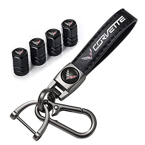 Car Tire Valve Stem Caps and Car Keychain Keyring Combo Replacement for Corvette C4 C6 C5 C7 C8 Z06 Keychain for Men and Women Family Present Key Ring Accessories Black