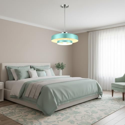 Image of Turquoise Blue 2-Tier Drum Pendant Light, 13.8 inch Adjustable Height Modern Hanging Light Fixture, Chrome Finish Metal Ceiling Lamp for Kitchen Island Dining Room Bedroom
