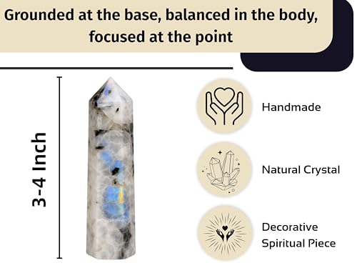Image of Crystal Heaven Certified Rainbow Moonstone Crystal Tower Obelisk Point for Chakra, Healing and Balancing - AAA Grade Original Certified Gemstone Agate for Reiki Meditation Yoga Spiritual (3-4 Inches)