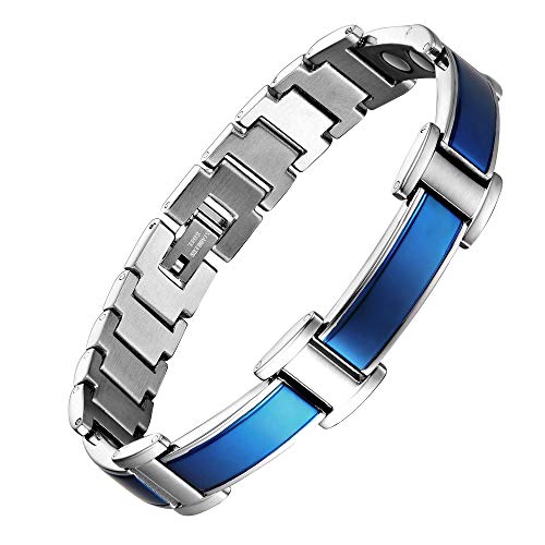 Mens Magnetic Bracelets Blue Link Stylish 8.5 Inches Adjustable Titanium Stainless Steel Bracelet for Men, Free Resize Tool and Elegant Gift Box