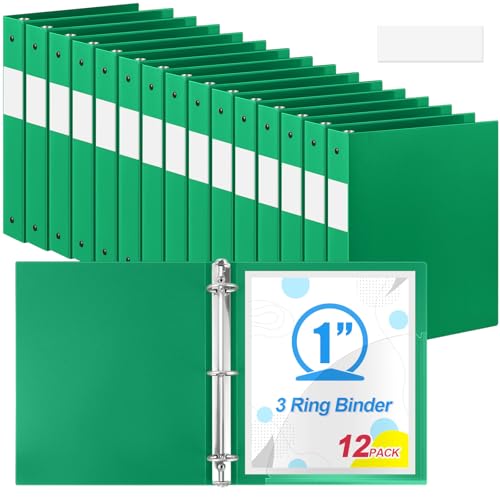 Image of Skyygemm 12 Pack 1 Inch 3 Ring Plastic Binders, Bulk Flexible PP Binders for Classroom & School Supplies, Letter Size 8.5 x 11, Holds 240 Sheets with Interior Pocket (Green)