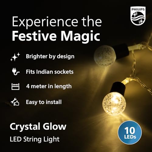 Image of Philips 4M 10 LED Crystal Glow String Light | Decorative Ladi Light for Diwali, Wedding, Festival, Party, Wall & Window Decoration | Warm White, Pack of 1