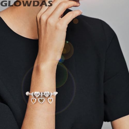 Image of GLOWDAS 18K Gold Plated Letter Charms Initial A to Z Necklace Pendant, 925 Sterling Silver CZ Heart Dangle Alphabet Beads fit European DIY Bracelet, Gifts for Valentiens /Christmas /Family