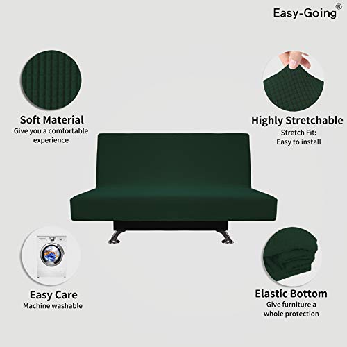 Image of Easy-Going Stretch Medium Futon Slipcover Armless Futon Cover Dark Green | Sofa Bed Furniture Protector Without Armrests with Elastic Bottom for Kids, Soft Jacquard Machine Washable