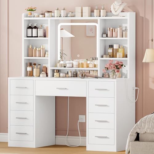Image of Quimoo Vanity Desk with Mirror, LED Lights and Power Outlet Makeup Vanity Table with 9 Drawers and 7 Storage Shelves Dressing Table for Bedroom Dressing Room (White)