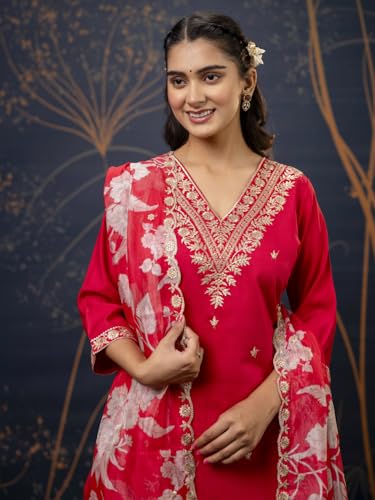 Image of VredeVogel Kurta Set with Dupatta | Embroidered Viscose Rayon Kurta Pant Set for Women | Women's Ethnic Casual Kurti Set