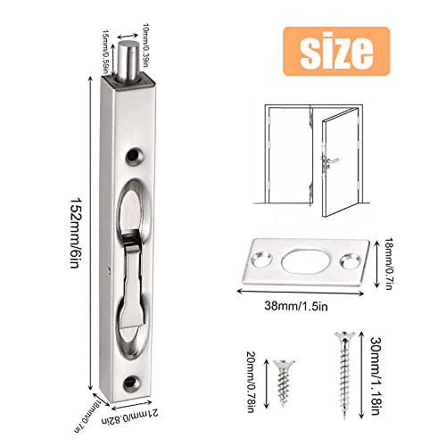 Jetisva 2pcs 6 Inch Door Flush Bolt Latch Lock Stainless Steel Sliding Bolt Lock Concealed Lever Action French Security Door Lock with Strike Screws for Internal Doors French Bathroom Wardrobe Cabinet - Image 2