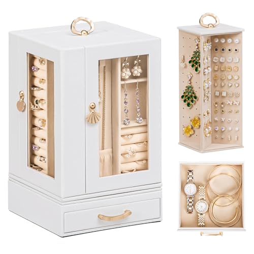 Enthralite Jewelry Box Large for Dresser: Women Necklace Ring Storage Organizer with Compartments - Elegant Earring Holder Display - 360 Rotating Jewelry Organizer with Glass Door