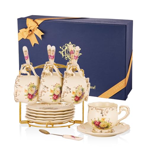 YOLIFE Elfenbeinfarbene Porzellan-Teetassen und Untertassen, 6 Stück, mit goldenen Blättern und englischen blühenden Sträuchern, Geschenk für Frauen (inkl. Geschenkbox, Tragetasche, Grußkarte)