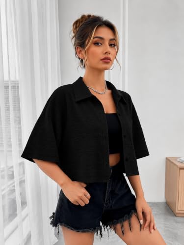 Image of Jacket for Women Stylish Cropped | Trendy Half Sleeve Button Down Casual Top | Loose Fit Shrug for Beach & Resort Outfits | Fashionable Lightweight Jacket (28 K-1-4)