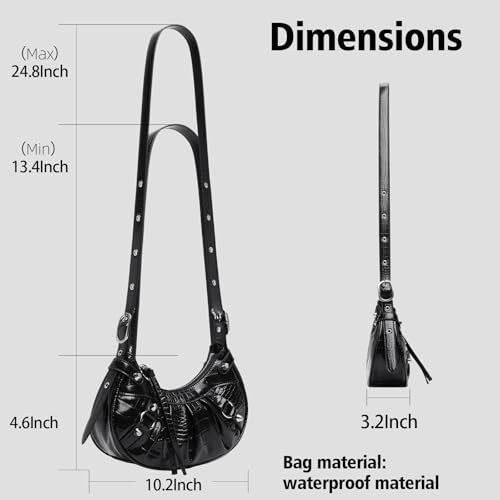 Slouchy Crossbody Bag for Women, Trendy Hobo Shoulder Purse with Adjustable Shoulder Strap, Punk Studded Underarm Bag, Y2k Purse (BLACK)2