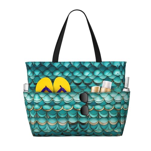 Mermaid Teal Fish Scale Large Capacity Foldable Tote Bag Women Beach Tote Bag Handbag Gym Bag Travel Shopping Bag