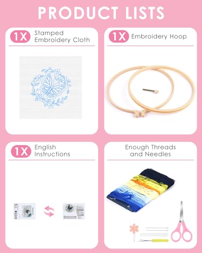 Image of TINDTOP Embroidery Kit for Beginners Adult, Butterfly Embroidery Kit | Include Embroidery Cloth Hoops Threads for Craft Lover Hand Stitch with Embroidery Skill Techniques