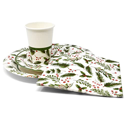 Christmas Party Supplies Tableware Set Serves 24 Holiday Disposable Dinnerware with Plates Cups and Napkins Festive Seasonal Holly Design for Christmas Celebrations – Image 3