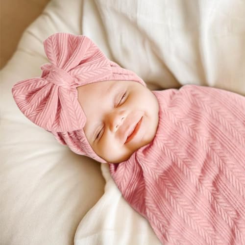 Image of AQOKKA Baby Swaddle Blankets with Bow Hat Mittens Set Wheat-Pattern Infant Receiving Blankets Swaddles for Newborns Unisex Toddler Swaddle Wrap Sets for Baby Girls Boys Nursery Warm Shower Gift