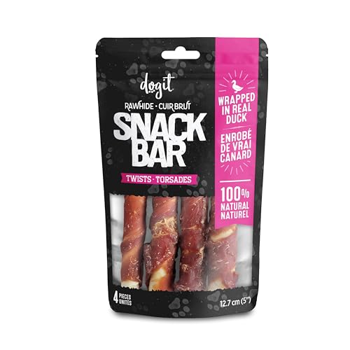 Dogit Snack Bar Rawhide Dog Treats, Duck-Wrapped Twists, 4 pcs, Dog Treats for Large Dogs, Dog Chews, Friandise Pour Chien, Rawhide Dog Chews, Gaterie Pour Chien