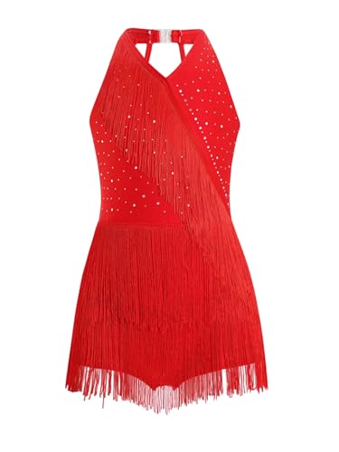 Miutii Girls Sleeveless Sparkly Latin Jazz Dance Dress Kids Tassel Fringe Skirted Leotard Ballroom Dancewear Red 11-12 Years