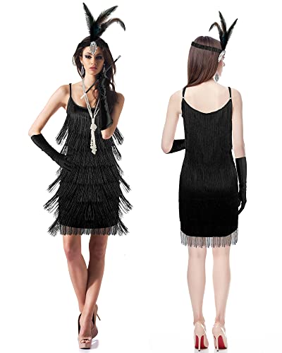 Zhanmai 6 Pcs Flapper Dress Flapper Costumes For Women 1920S Accessories For Women 1920S Costume Accessories Set Headband Pearl Necklace Earrings Gloves Stick (Black, Small) #TOP6