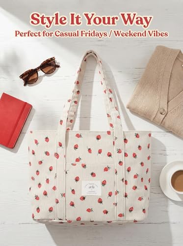 Image of TeeYee Women Tote Bag Shoulder Bag Large Zippered Strawberry Corduroy Shopper with Pockets Multipurpose | Gym traval bag