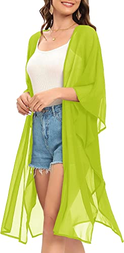 Image of Indian Trendy Women's Solid Puff Sleeve Kimono Long Cardigan Loose Cover Up Casual Blouse Top Chiffon