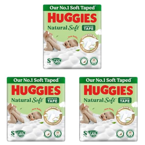 Image of Huggies Natural Soft Premium Tape Diapers Small (S) Size, 4-8 kgs, 60 Count | Our No.1 Soft Taped Diaper with Cloud Soft Bed and Runny Poo Absorption (Pack of 3)