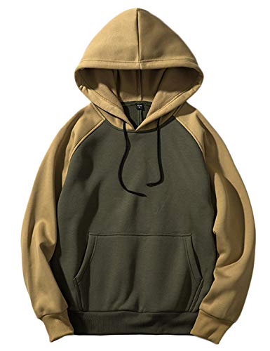 Jenkoon Mens Heavy Fleece Hooded Sweatshirt Color Block Active Pullover Warm Hoodies (Green, Large)