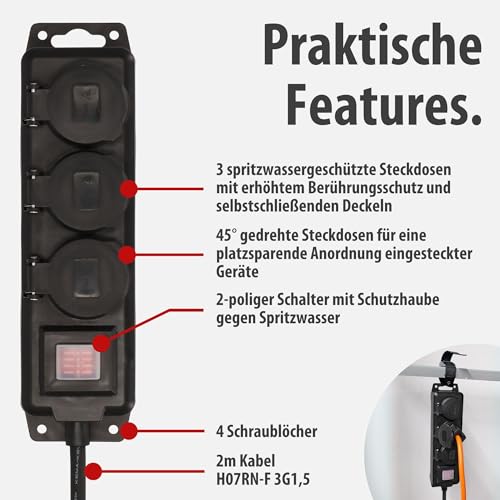 Brennenstuhl Steckdosenverteiler IP44 3-Fach (Outdoor Steckdosenleiste mit Schalter, 2m Kabel, selbstschließende Deckel, Mehrfachsteckdose für außen für den robusten und ständigen Einsatz im Freien)