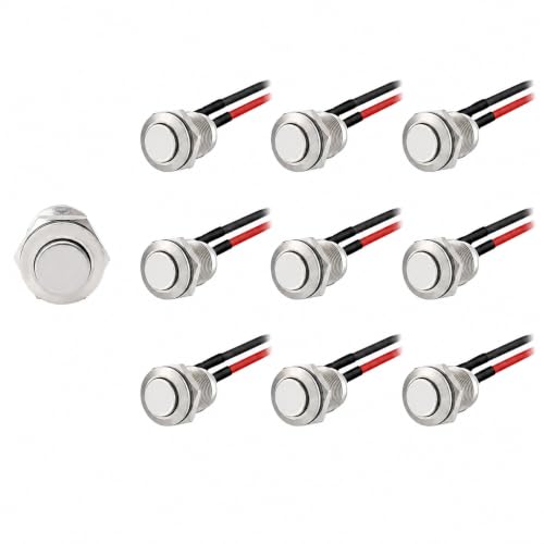 Image of 10 Pack 12V Prewired Waterproof Push Button Switch – Momentary (Self-Reset) Stainless Steel Mini Round Push Start Button, Small Round 12mm Power Switch, IP65 Metal Pushbutton for Car DIY Electronics