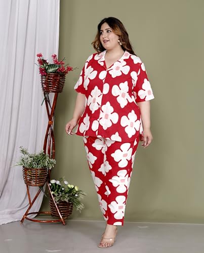 Image of Printed Shirt Style Cotton Night Suit for Women with Extra Plus Size
