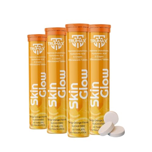 Image of Skin Glow Japanese Glutathione Effervescent Tablets - Pack of 4 (80 Tablets) | 500mg L-Glutathione with Vitamin C & Hyaluronic Acid | Tangy Orange Flavor Skin Glow Supplement for Clear, Radiant Skin