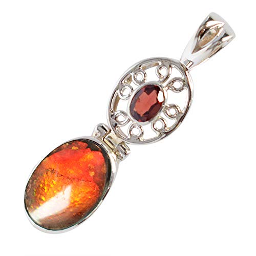 Pendentif ammolite naturelle argent 925 et grenat rouge, bijou fait main pour femme RI-3813